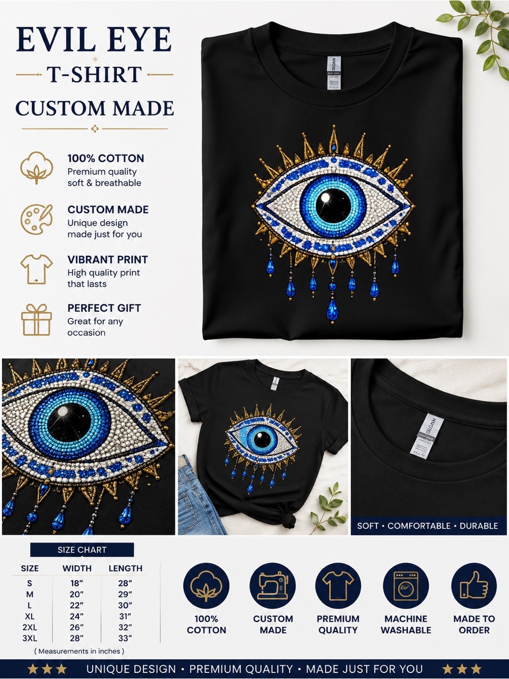 Evil Eye Graphic Short Sleeve Tee - Black & Blue custom made by me S M L XL NEW